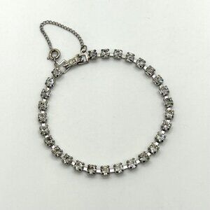 Vintage Silvertone Clear Rhinestone Tennis Bracelet With Safety Chain